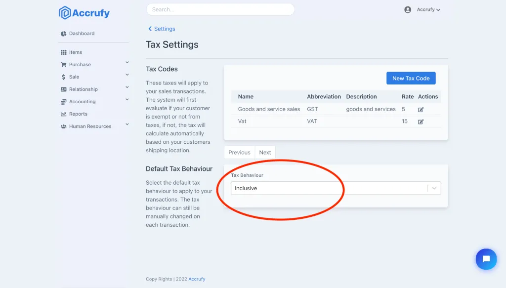 Default tax behavior settings